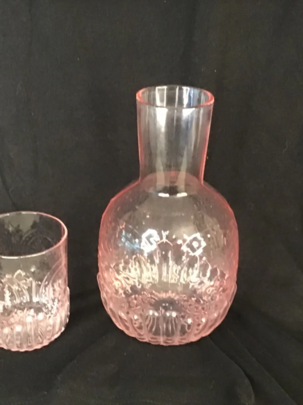 Pink Bedside Water Carefe & Glass Set. Crystal Night Pitcher & Tumbler Bathroom